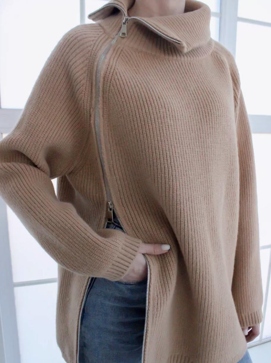 Übergrößenes Kleid Rippenstrick Asymmetrisch Großer Kragen - IdealeKleiden