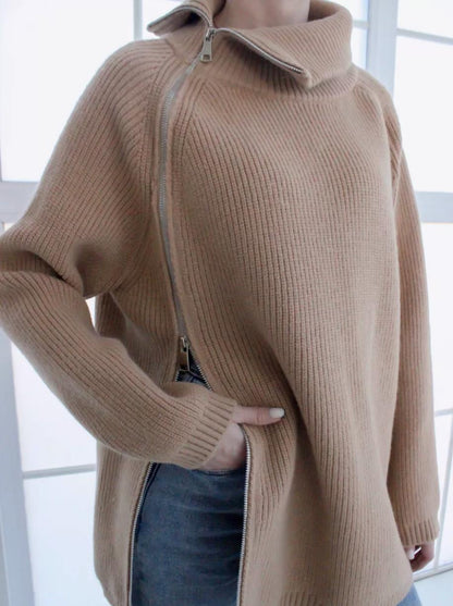 Übergrößenes Kleid Rippenstrick Asymmetrisch Großer Kragen - IdealeKleiden