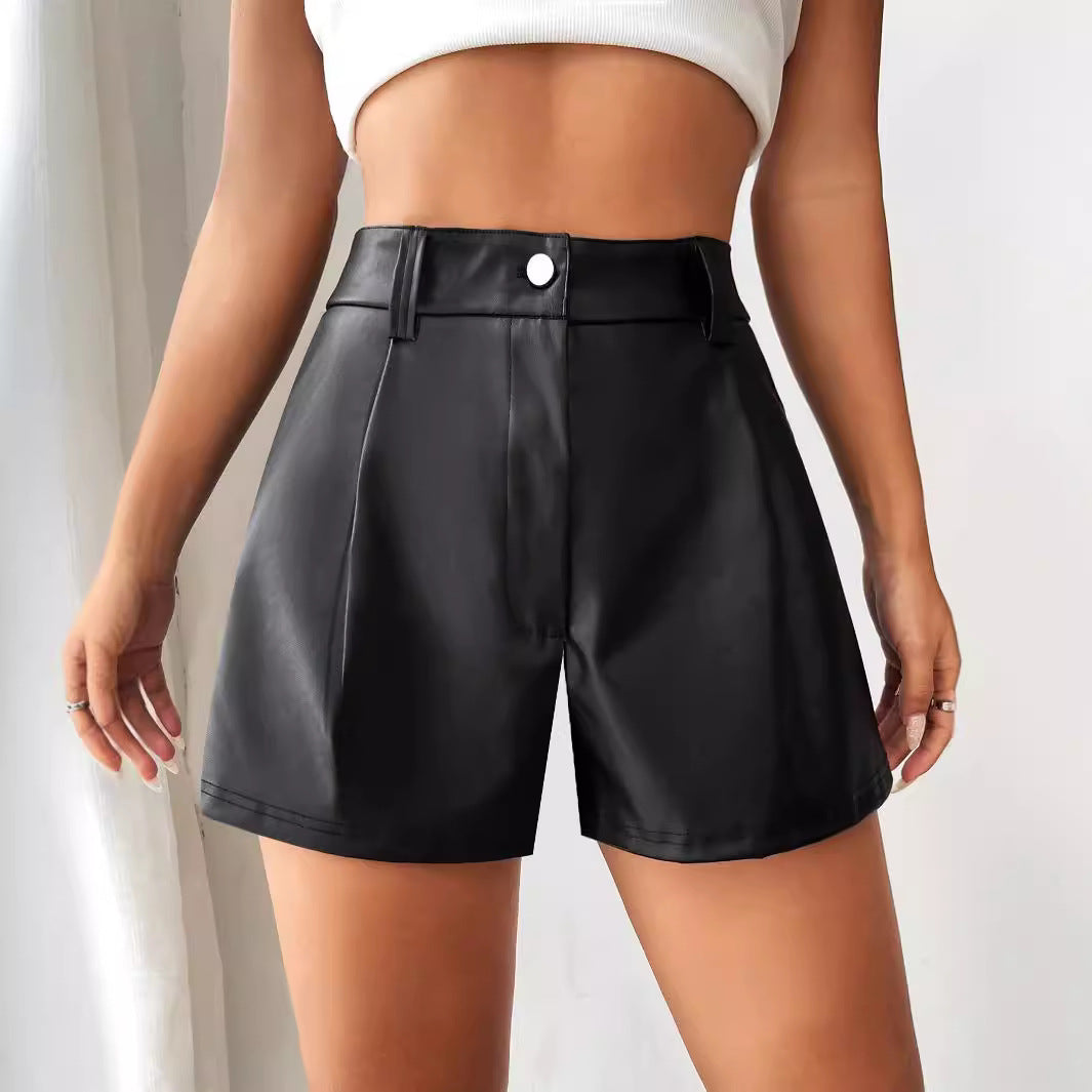 Damen Shorts Hochtailliert Kunstleder Elegant Schnitt - IdealeKleiden