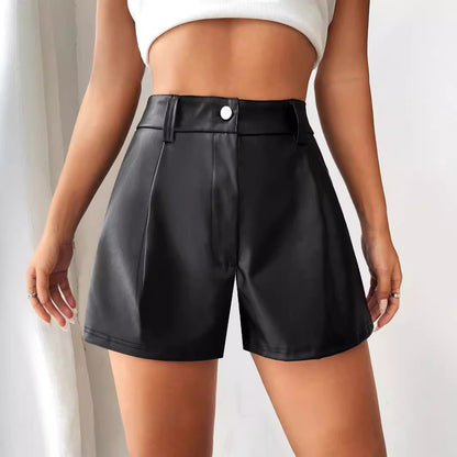 Damen Shorts Hochtailliert Kunstleder Elegant Schnitt - IdealeKleiden