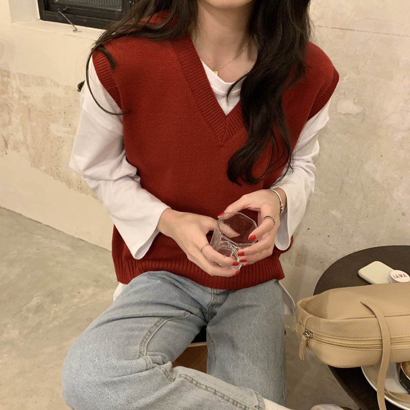 Gilet tricoté sans manches col en V pour femme Tendance