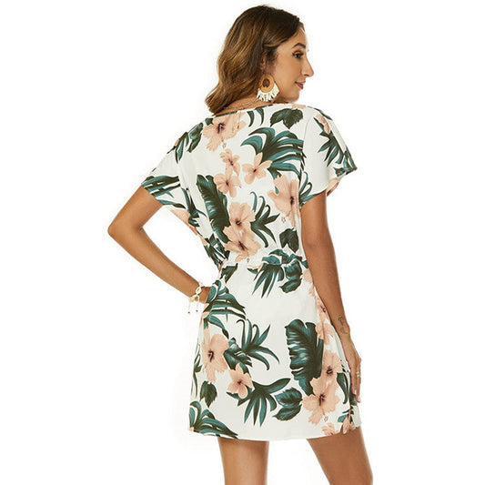 Damen Sommerkleid V-Ausschnitt Kordelzug Minikleid - IdealeKleiden