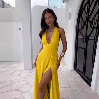 Robe longue élégante pour femme col en V et fente haute