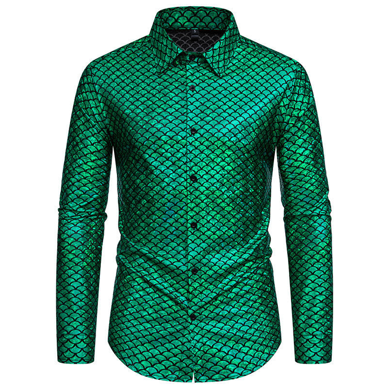 Chemise brillante à manches longues pour homme, motif écailles de poisson