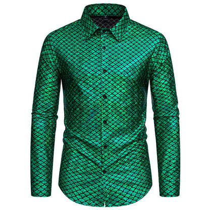Chemise brillante à manches longues pour homme, motif écailles de poisson