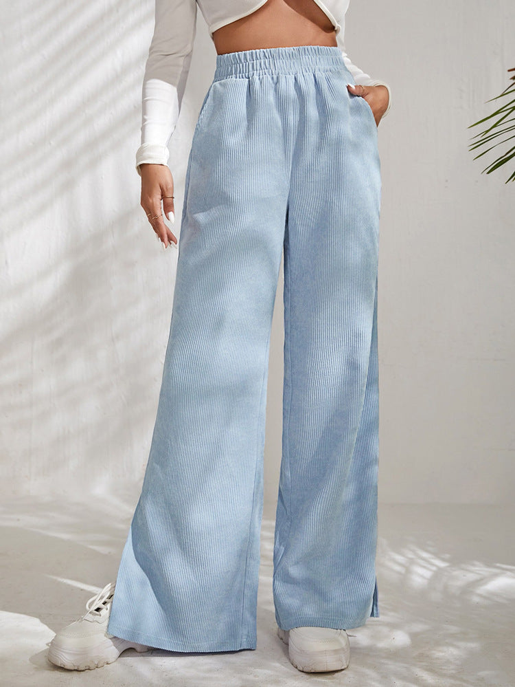 Pantalon femme en velours côtelé à jambes larges avec fentes élastiqué