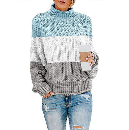Pull Femme Gros Tricot Col Haut Moderne Color Block