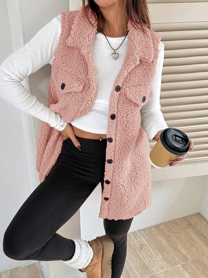 Gilet teddy doux en peluche pour femme avec poches