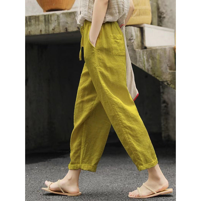 Pantalon en lin femme confortable élastique avec poches