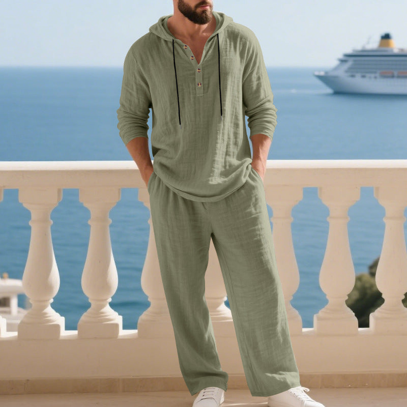 Ensemble de survêtement à capuche en lin pour homme, confortable avec poches
