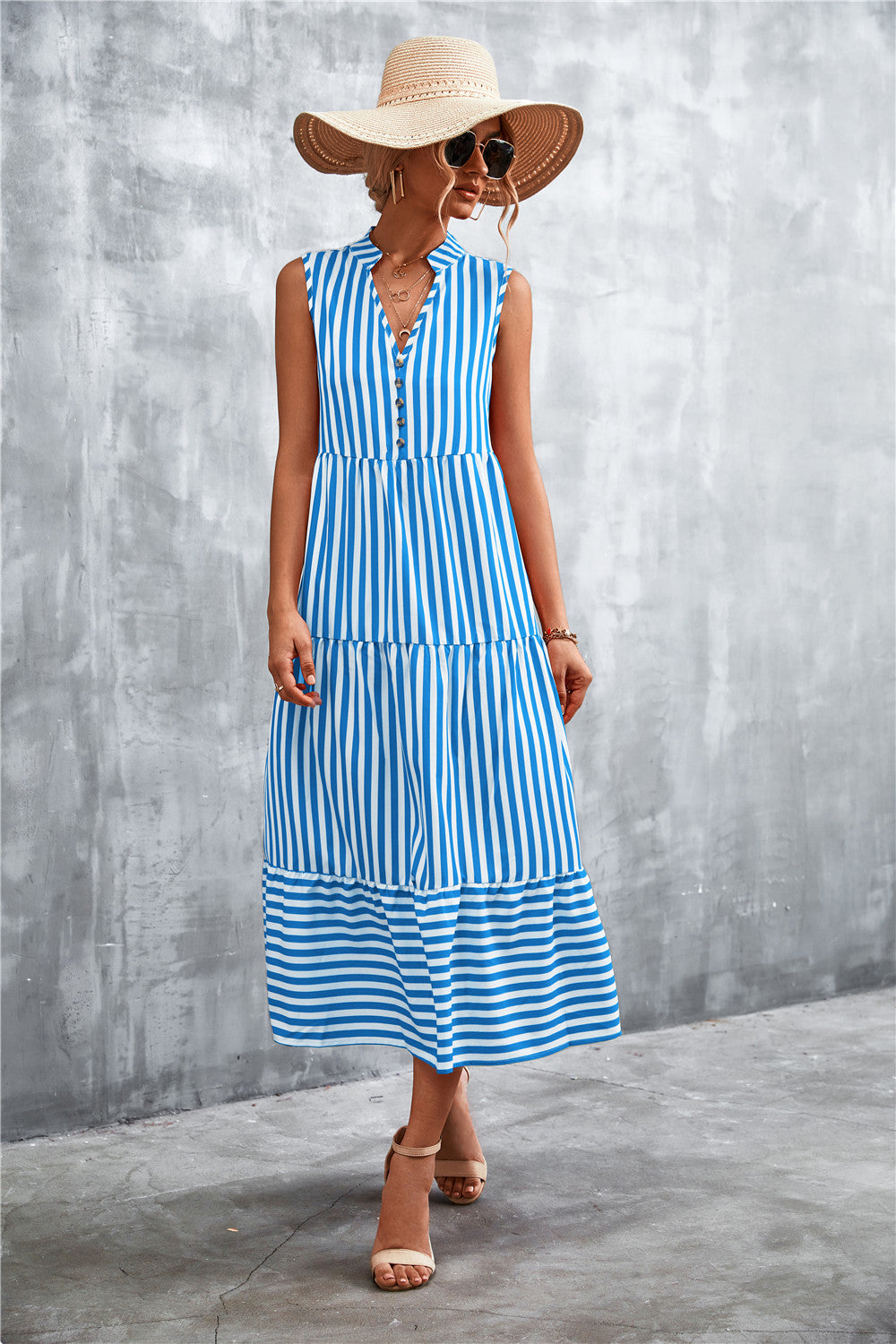 Robe longue pour femme à rayures élégante boutonnée