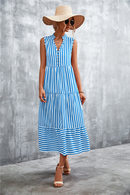 Robe longue pour femme à rayures élégante boutonnée