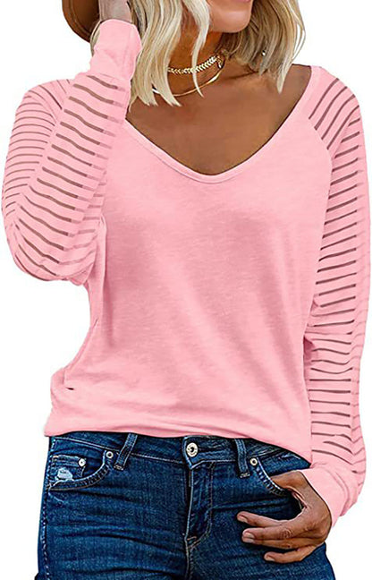 Haut Femme Manches Longues Col V Rayures Manches Tendance