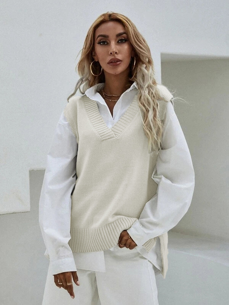 Gilet tricoté pour femme Col en V Larges côtes
