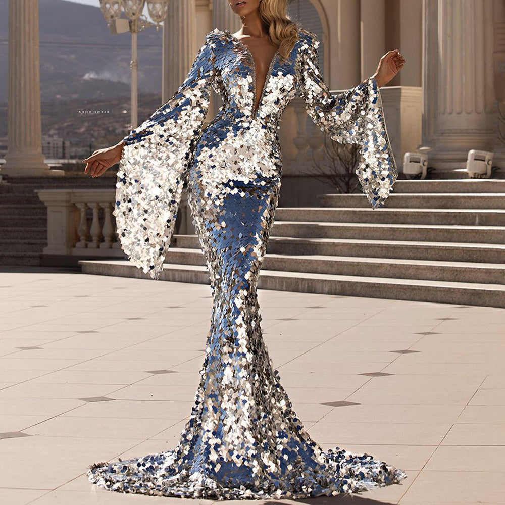 Robe de soirée à sequins élégante col en V