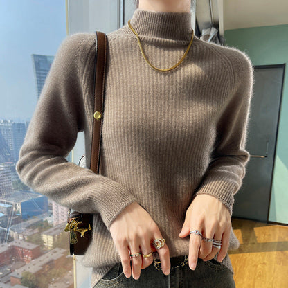Pull pour femme manches longues côte fine col montant