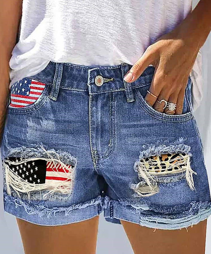 Shorts en jean pour femme tendance, imprimé américain, effet déchiré