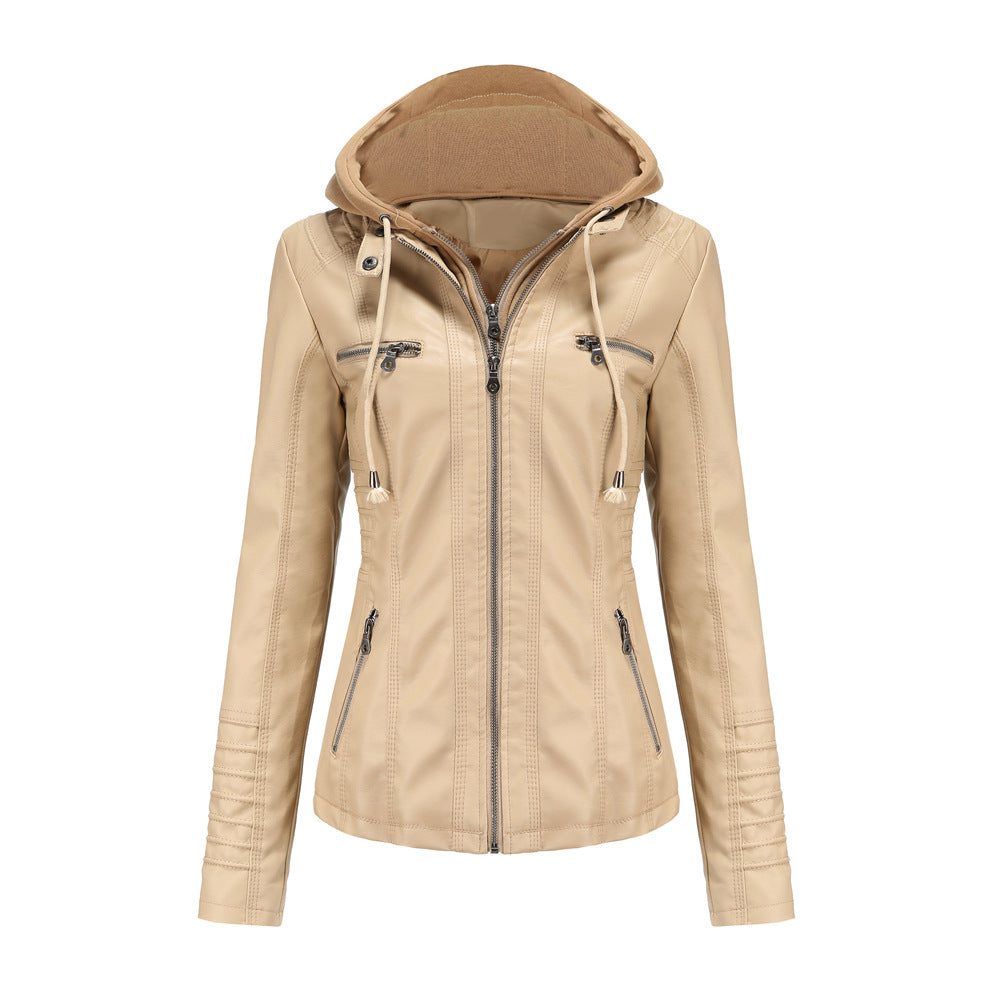 Blouson en cuir élégant, coupe slim, capuche, fermeture éclair