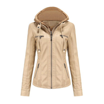 Blouson en cuir élégant, coupe slim, capuche, fermeture éclair