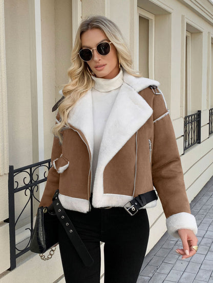 Veste d'hiver femme col fourrure synthétique et ceinture