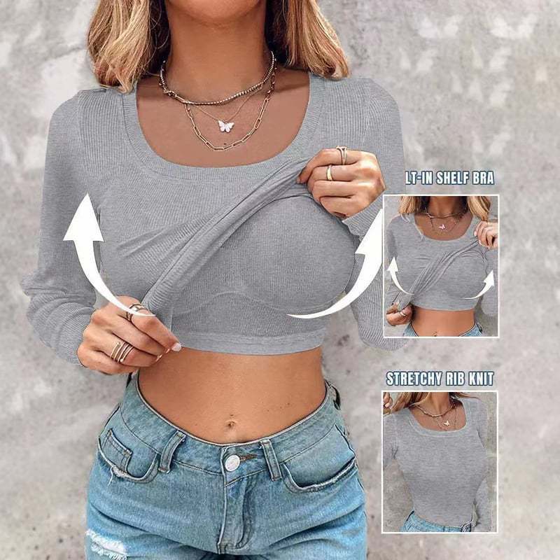 Crop top femme manches longues avec inserts de soutien-gorge stretch