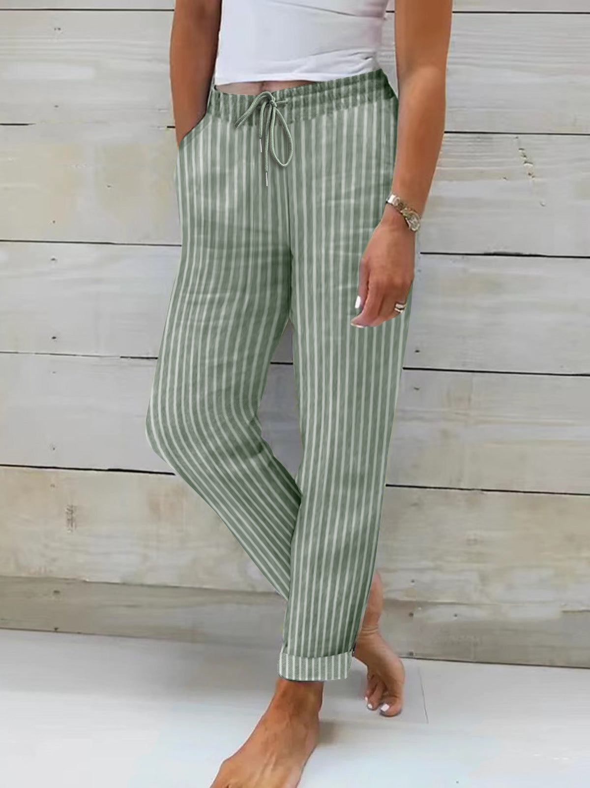 Femmes Pantalon confortable en coton à rayures Taille élastique
