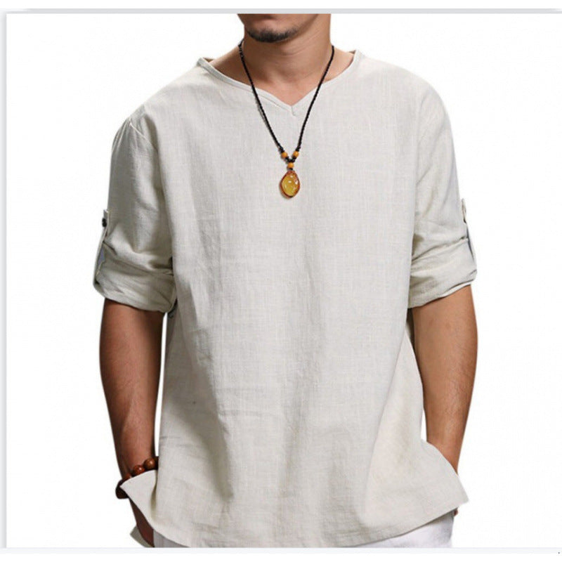 Chemise en lin homme, été, col en V, confortable