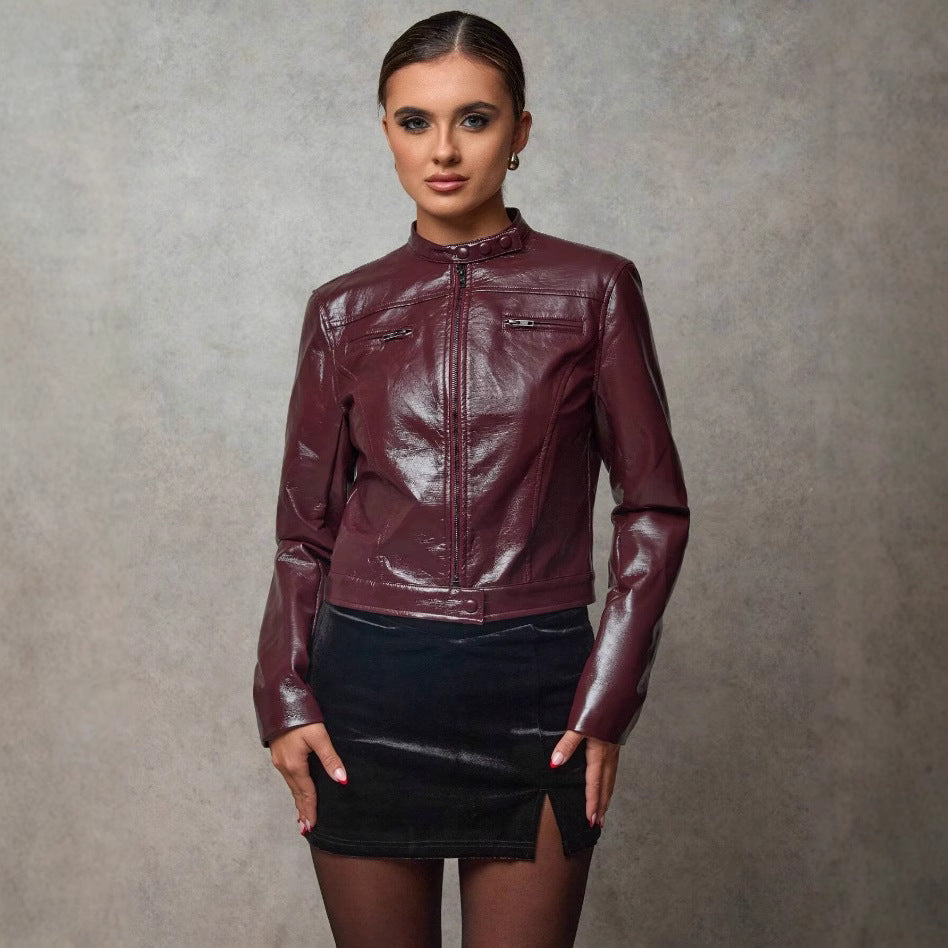 Damen Lederjacke Kurz Asymmetrisch Chic Style - IdealeKleiden