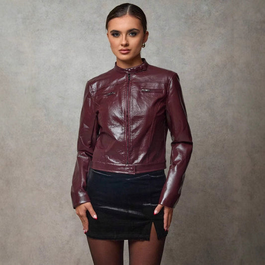 Damen Lederjacke Kurz Asymmetrisch Chic Style - IdealeKleiden