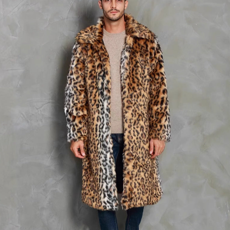 Herren Kunstfell-Mantel Leoparden-Design Elegant Breitkragen - IdealeKleiden