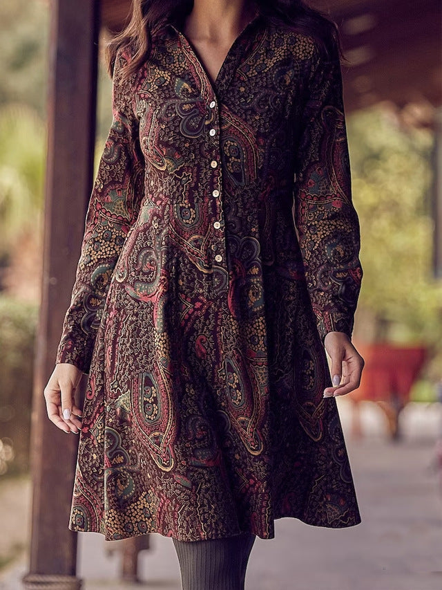Damen Hemdblusenkleid Paisley Muster Elegant Knöpfe - IdealeKleiden