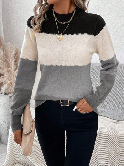Pull tricoté femme Tendance Rayures color block Col haut