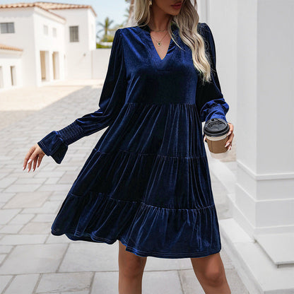 Robe en velours pour femmes Élégante conception à volants Col en V