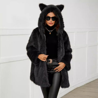Veste en fausse fourrure douce pour femme avec capuche pour l'hiver