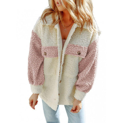 Veste Teddy douce pour femme, manches contrastantes, hiver