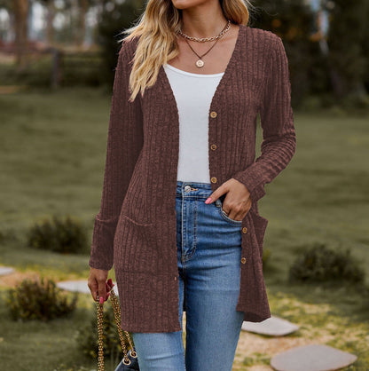 Gilet tricoté doux pour femme avec poches motif côtelé