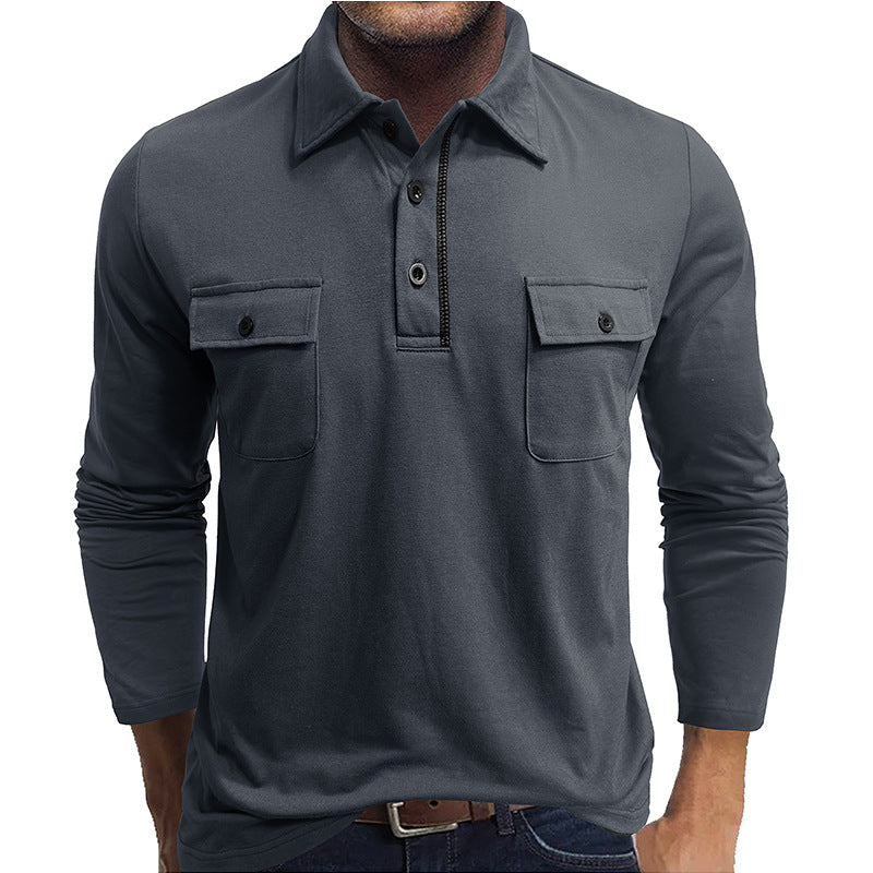 Polo pour hommes, coton, manches longues, poches à rabat