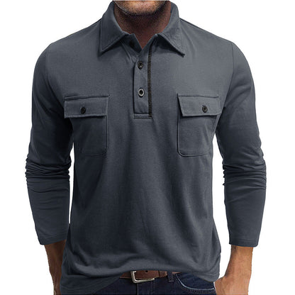Polo pour hommes, coton, manches longues, poches à rabat