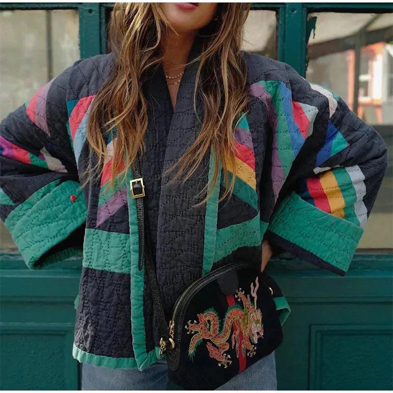 Übergrößene Damenjacke Patchwork Quilted Entspannt - IdealeKleiden