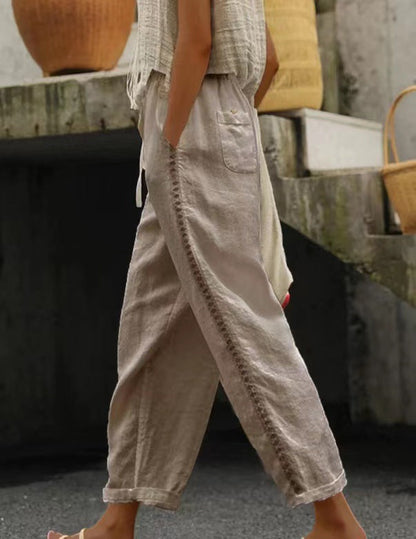 Pantalon Femme Lin Décontracté Dentelle Style Estival