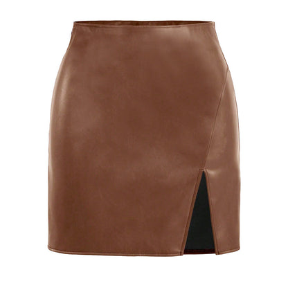 Jupes courtes en simili cuir pour femme avec fente latérale