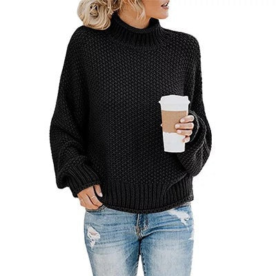 Pull femme grosse maille col montant manches oversize