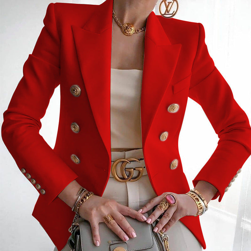 Blazer élégant femme, boutons dorés, costume d'affaires