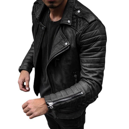 Blouson en cuir pour homme style motard robuste avec fermeture éclair