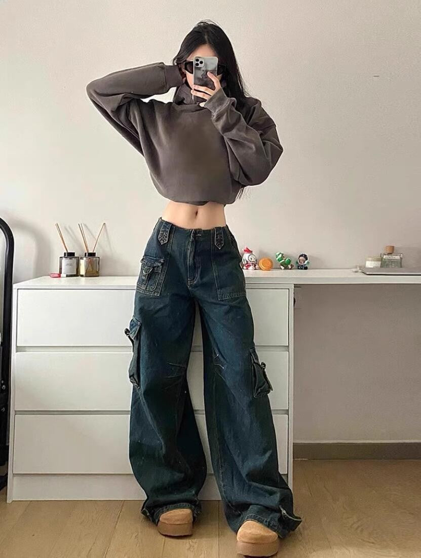 Jeans cargo pour femme, coupe oversize, avec poches, décontractée