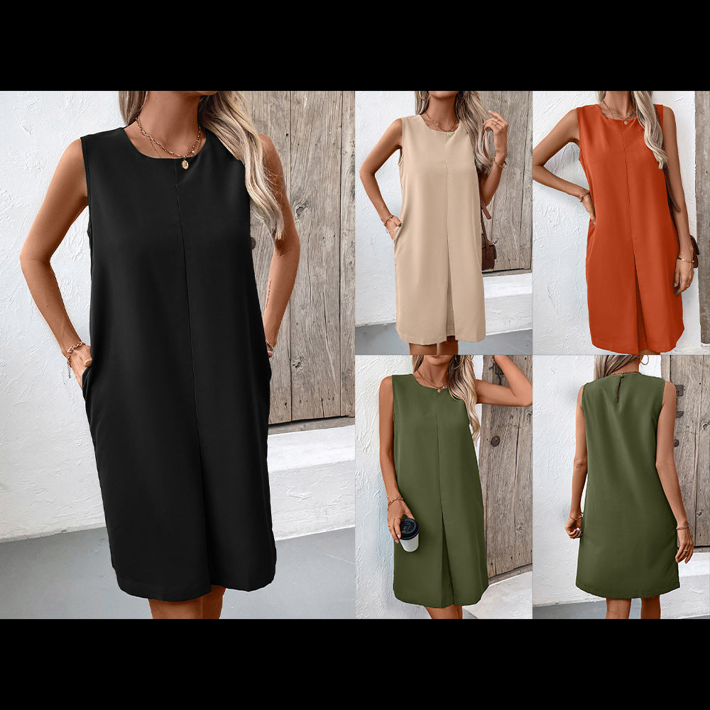 Sommerkleid Damen Kurz Ärmellos Mit Taschen - IdealeKleiden