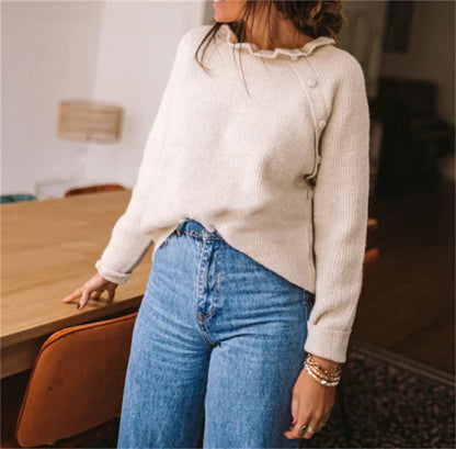 Pull pour femme tricot en laine col à volants coupe décontractée