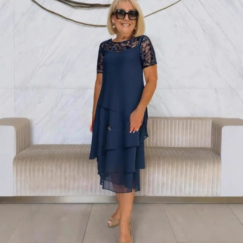 Elegantes Damenkleid Spitze Ärmel Asymmetrisch - IdealeKleiden