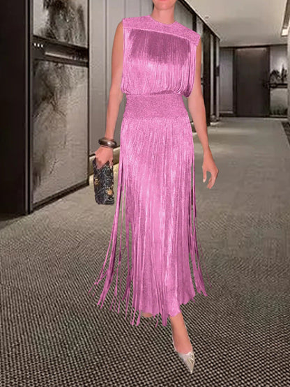 Robe longue femme design élégant avec plis et franges