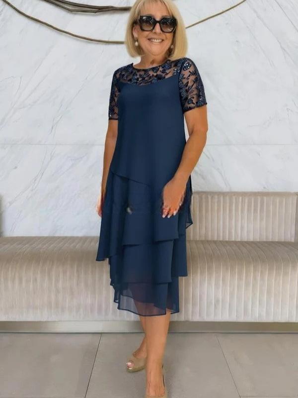 Robe élégante femme manches dentelle asymétrique